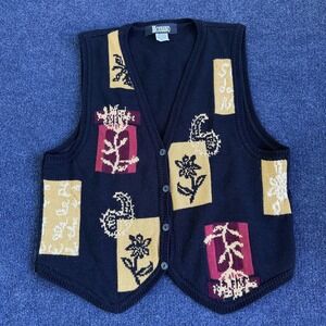 Vintage Modiano Sweater Vest Womens Medium Black Floral Knit Usa Made Colorblock